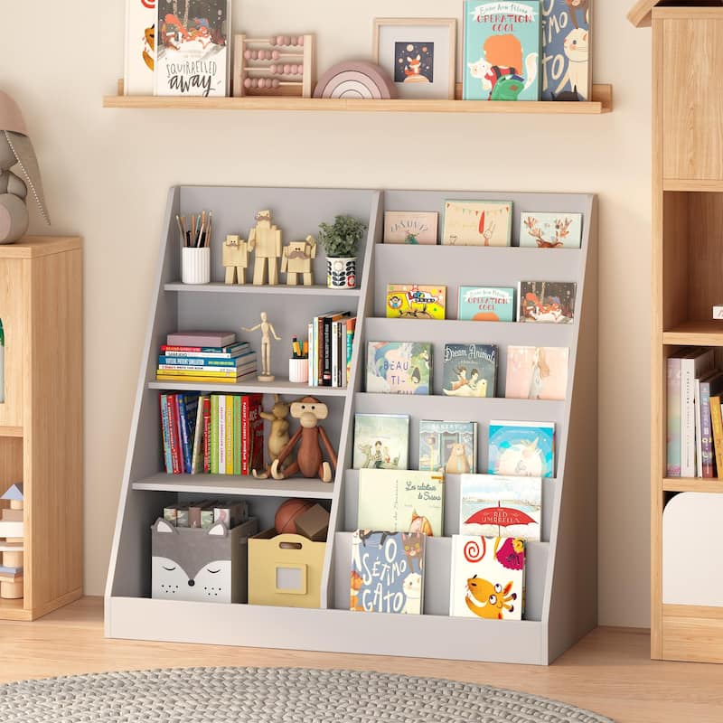 Kids Bookshelf and Toy Storage Organizer, Multifunctional 4 Tier Wooden Kids Book Shelf with Bookcase Display Stand