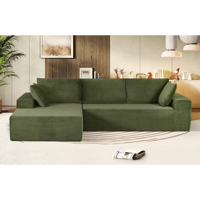 Modular Sleeper Sofa with Wide Armrest Corduroy L Shaped Sectional Couches for Living Room, No Assembly - Dark Green - Left Facing