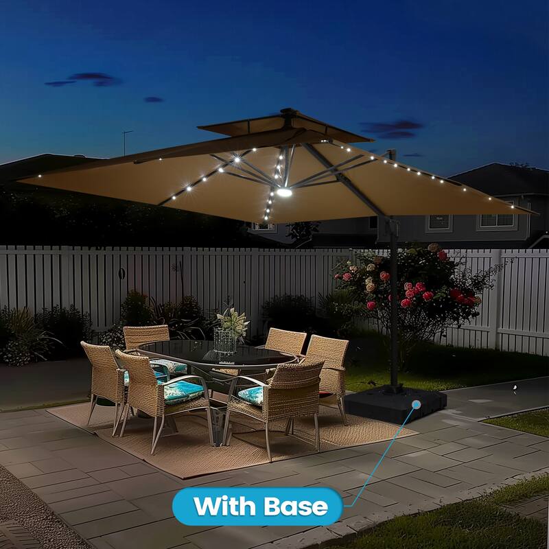 11FT Outdoor Patio Cantilever Umbrella with LED Lights Double Vented Umbrella with Base