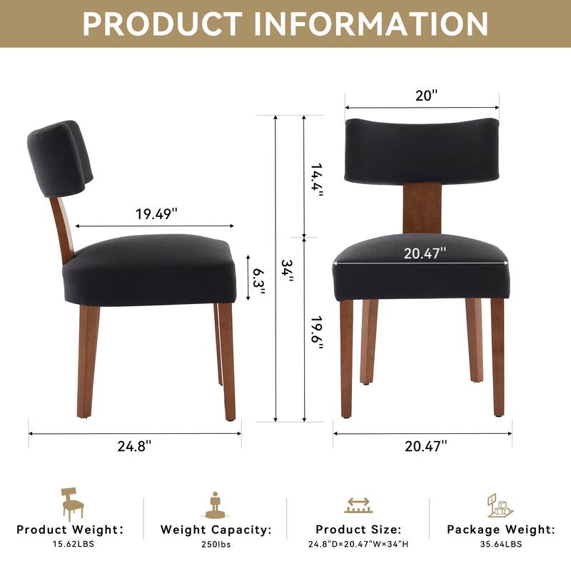 Set of 2 Linen Fabric Modern Armless Dining Chairs With Curved backrest and Solid Wooden Legs for Dining Room Living Room ,Black