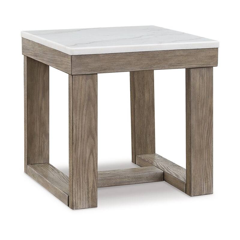 Aska Side End Table, Block Profile, Marble, 24 Inch Taupe Gray Wood