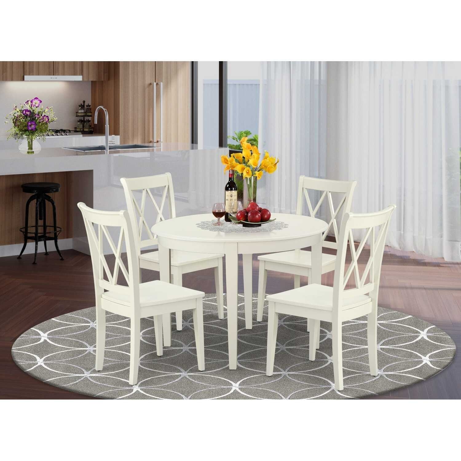 Modern Dining Set 5Pc - Round Table & 4 Chairs - Kitchen Dining Room Set - Linen White 42 Inch