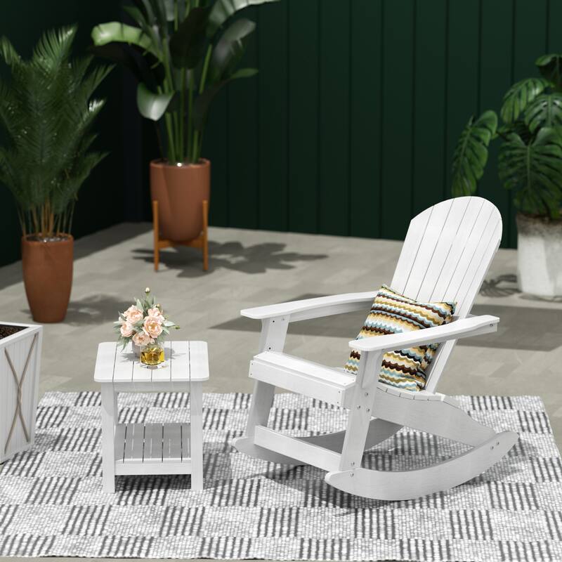 Vineyard HIPS Outdoor Eco-Friendly All Weather Seashell Rocking Adirondack Chair with Side Table (2-Piece Set) - White