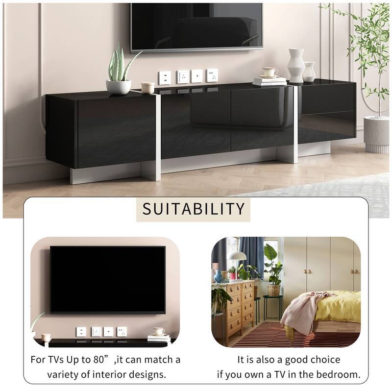 Modern TV Console for TVs Up to 80'', Contemporary Rectangle Design with 3 Cabinets & 2 Drawers, High Gloss Surface