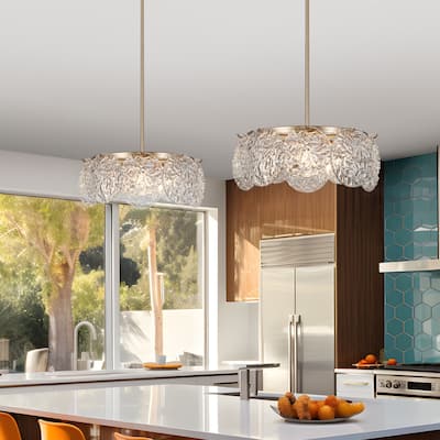Modern Gold 5-Light Drum Chandelier Art Glass Pendant Lights for Dining Room - 18" D x 8" H