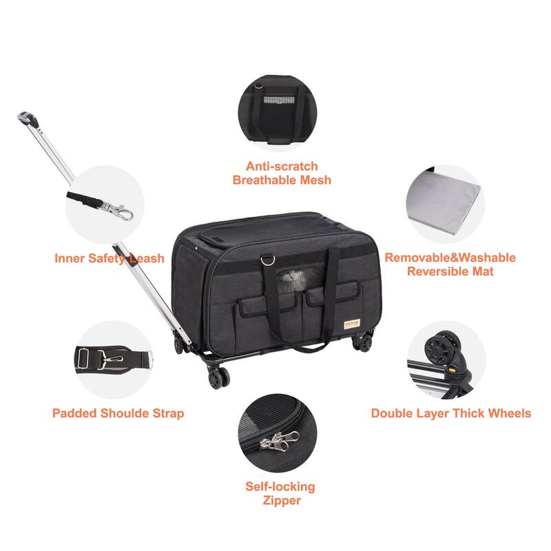VEVOR Cat Carrier with Wheels Rolling Pet Carrier with Telescopic Handle and Shoulder Strap