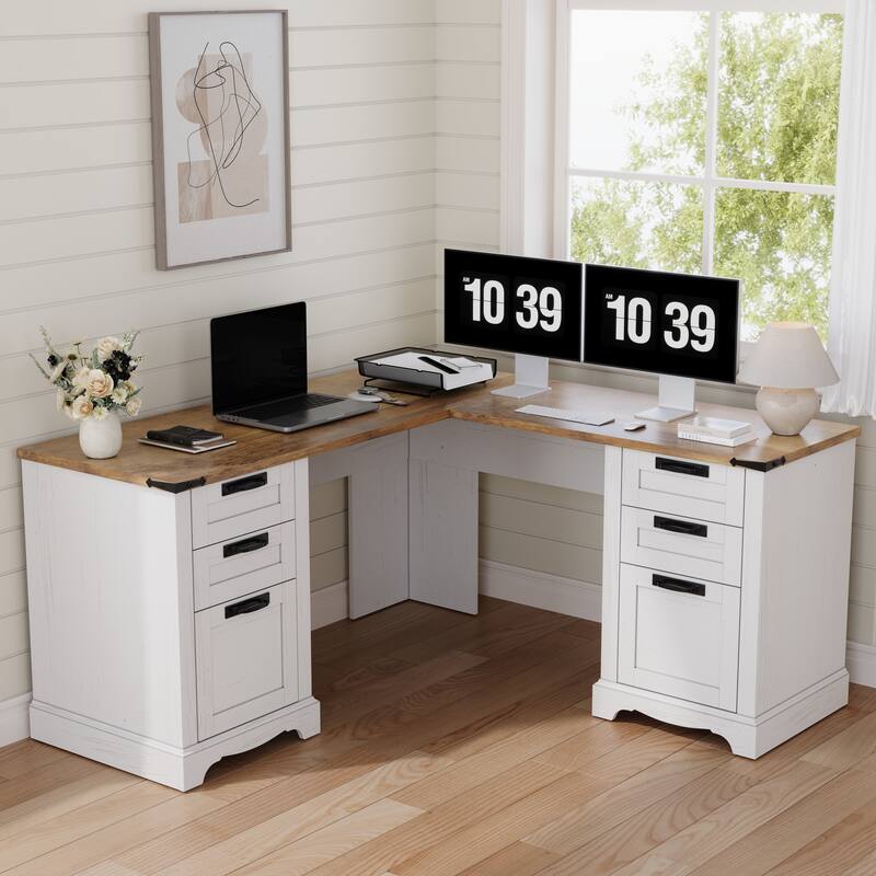 L Shaped Desk, Wood Office Desk with Charging Station, File Drawer