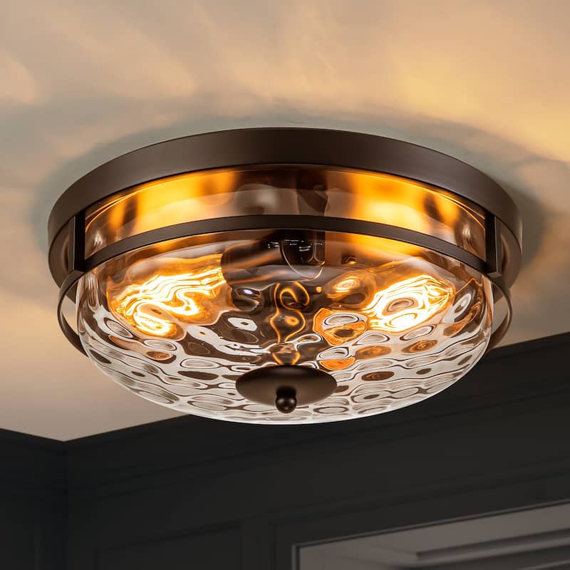 2-Light Modern Industrial Black Dome Clear Water Rippled Glass Flush Mount Ceiling Light - 12.9 in. W x 5.5 in. H