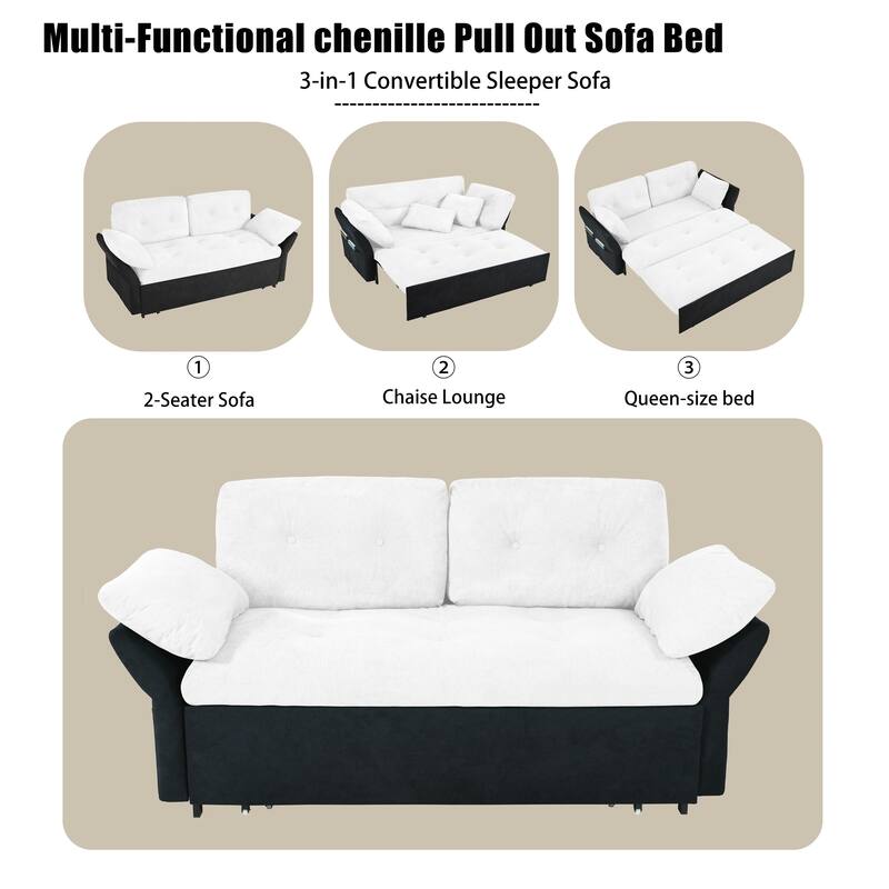 74.01" Chenille 3-in-1 Convertible Sleeper Sofa Bed with Storage