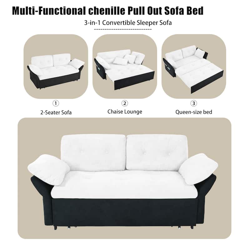 Queen Convertible Pull Out Sofa Bed, Sleeper Sofa Couch with Thicked Cushions, Loveseat Sofa with Side Storage