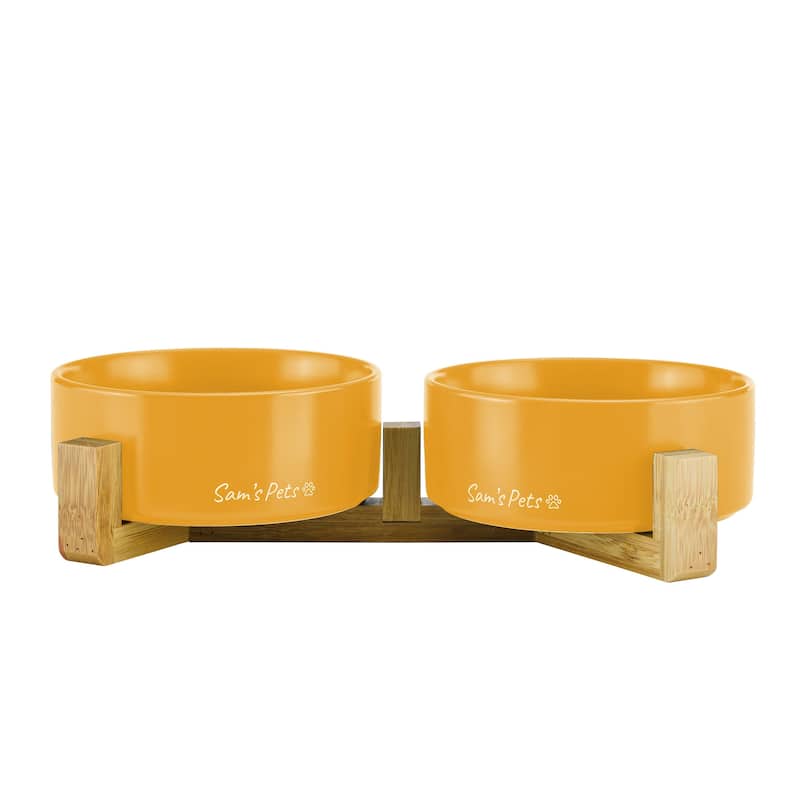 Coco Dual Pet Bowl with Wood Stand 5.11'' in Yellow - 10.8