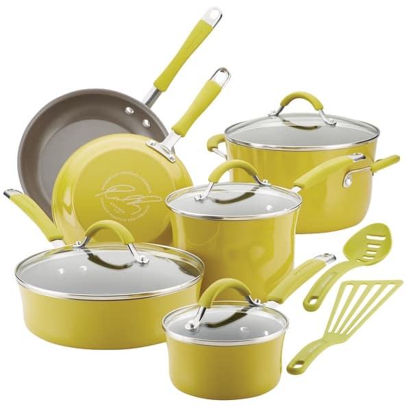 Rachael Ray 14-Piece Pots and Pans Set/Cookware Set, Green Gradient 