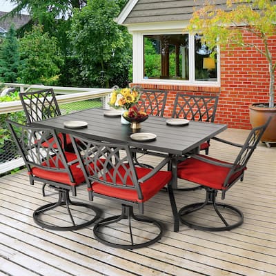 Nuu Garden Outdoor 7-Piece Iron Dining Set with 1.57'' Umbrella Hole, Black