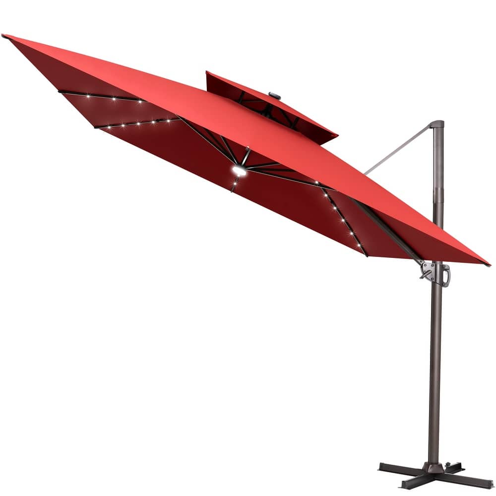 11 FT Outdoor Solar Powered LED Patio Cantilever Umbrella Double Top Square Umbrella