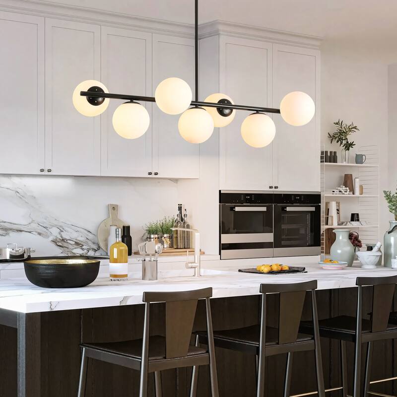 7-Light Mid-Century Modern Gold/Black Sputnik Metal Island Lights with Opal Glass Globe Shades for Kitchen, Dining Room