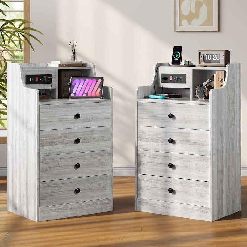 Nightstand with Drawers Charging Station End Side Table with Hutch