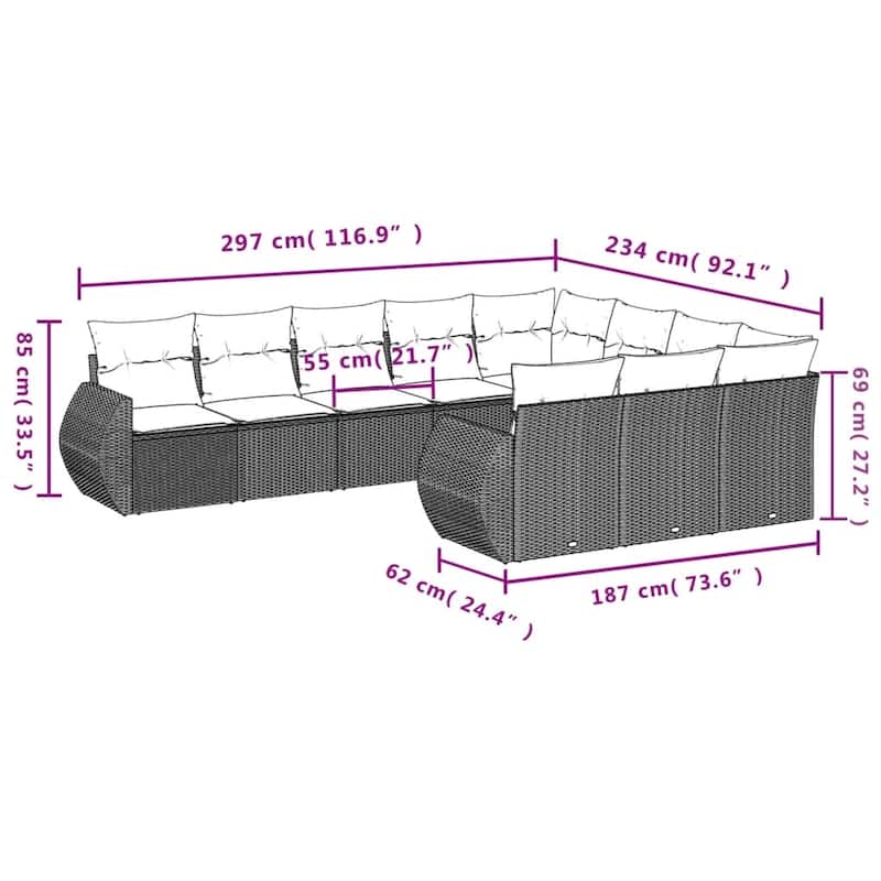 vidaXL 10 Piece Patio Sofa Set with Cushions Brown Poly Rattan - 24.4 x 24.4 x 27.2 (W x D x H)