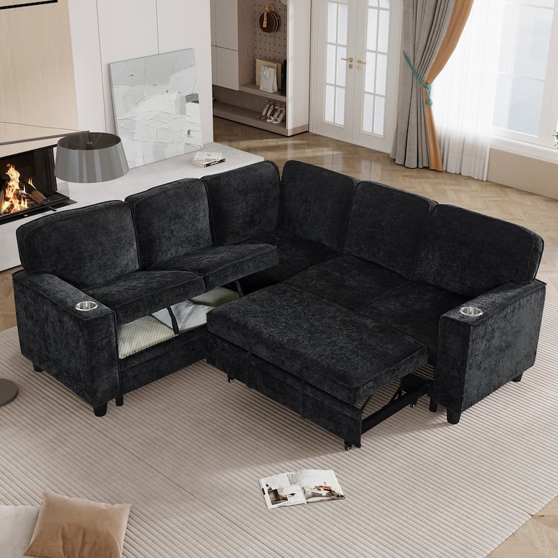 5-Seat Chenille Storage Sectional Sofa Sleeper Couch with Pull-Out Bed - Charcoal Grey