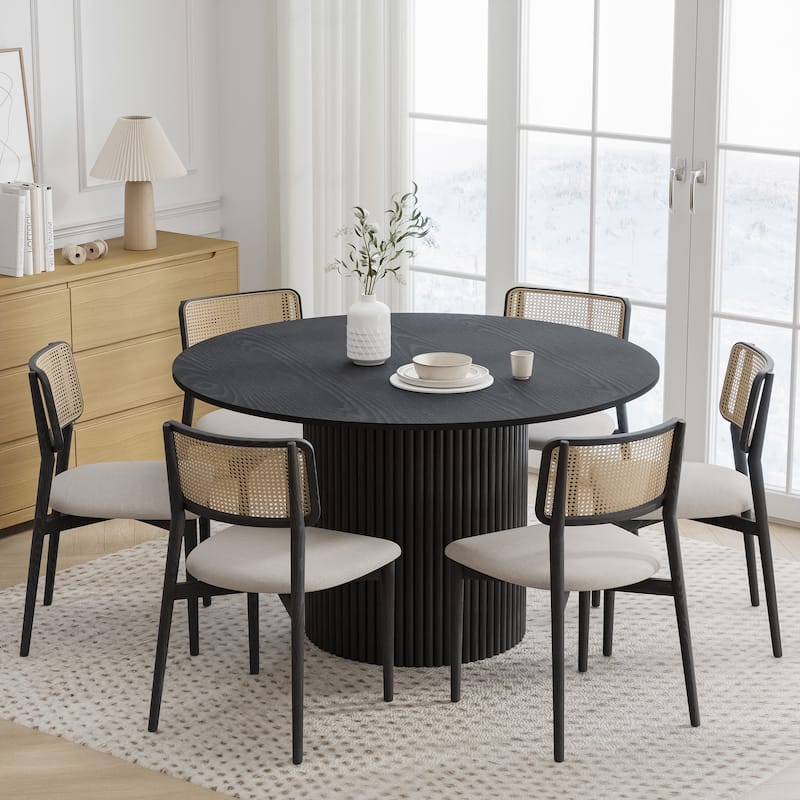 Solid Wood Round Dining Table Kitchen Table with Tabletop & Concave Cylinder Legs for Living/Dining Room Coffee Office - 52 in.W x 30 in.H - Black+Black