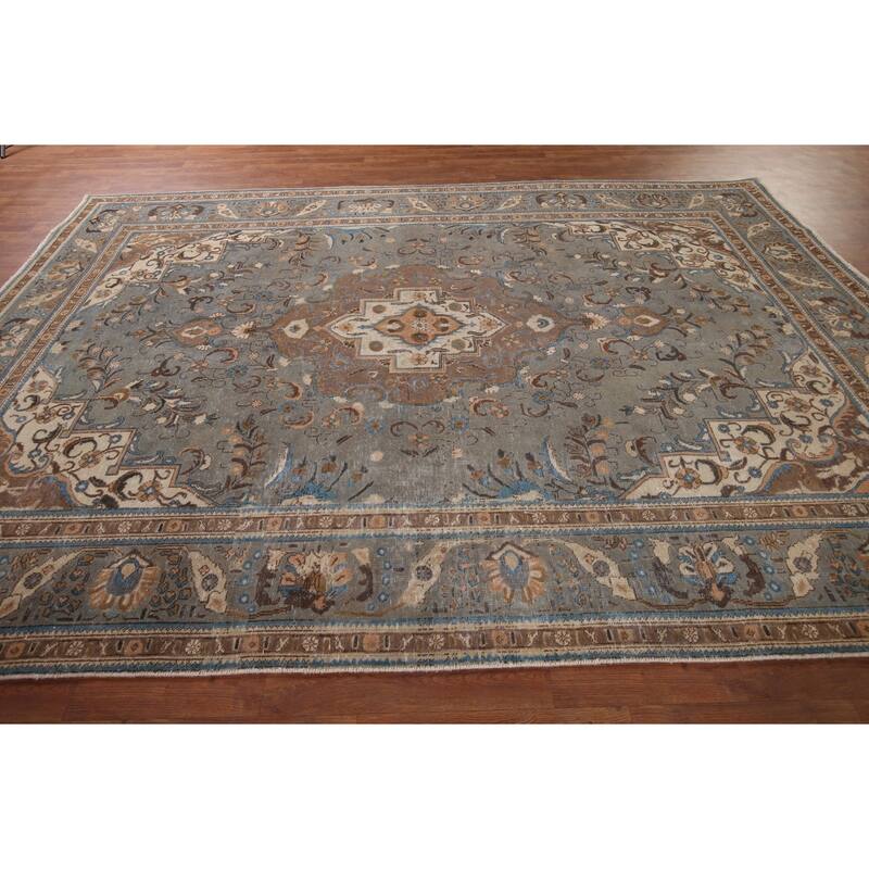 Gray Distressed Tabriz Vintage Persian Area Rug Handmade Wool Carpet - 7'7" x 11'2"