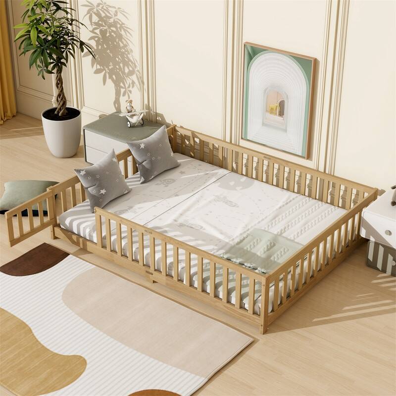 Twin/Full/Queen Size Floor Bed with Fence Guardrails and Door, Rubber Wood Toddler Bed Montessori Bed with Slats Support