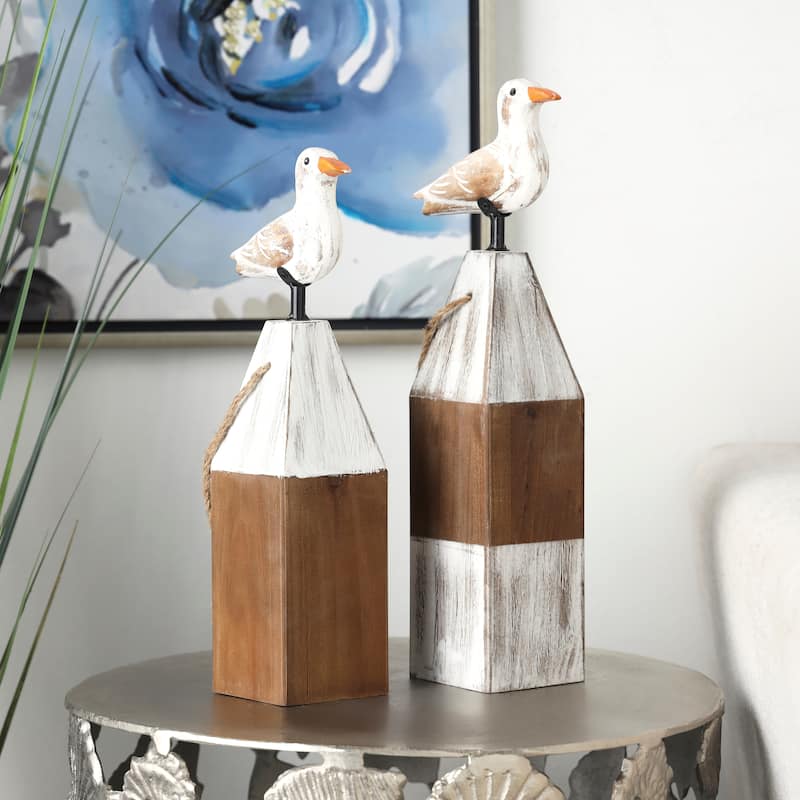 Wooden Bird Sculpture with White Distressed Buoy Posts - Set of 2 Brown - Roche River Decor - 4"W x 6"L x 16"H