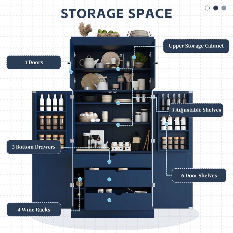 Freestanding 77"Tall Kitchen Pantry with Adjustable Shelves,Door Shelves, Drawers and Wine Racks