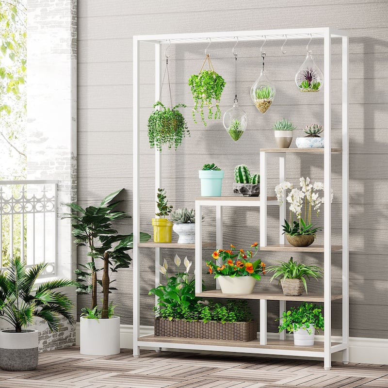 5-Tier Tall Indoor Plant Stand, 70.9 inches Plant Shelf with 10PC Hanging Hooks - White & Beige