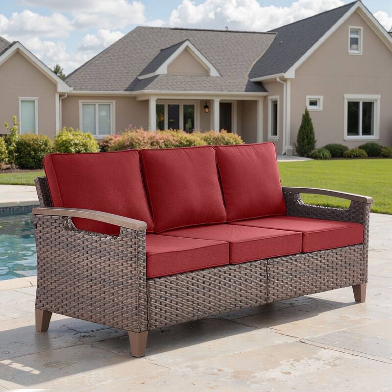 Pocassy Outdoor Brown Wicker Funitre with Cushion Set - Red Cushion - 3-Seat Sofa