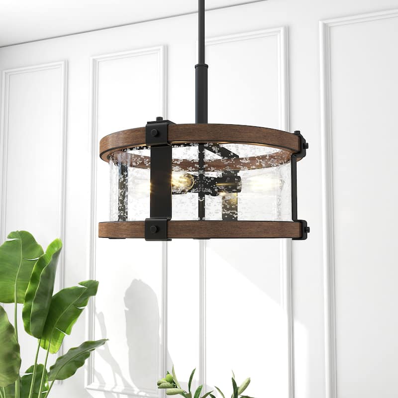 4-Light Distressed Black and Wood Tone Seeded Glass Drum Pendant - 18" x 65" x 18"