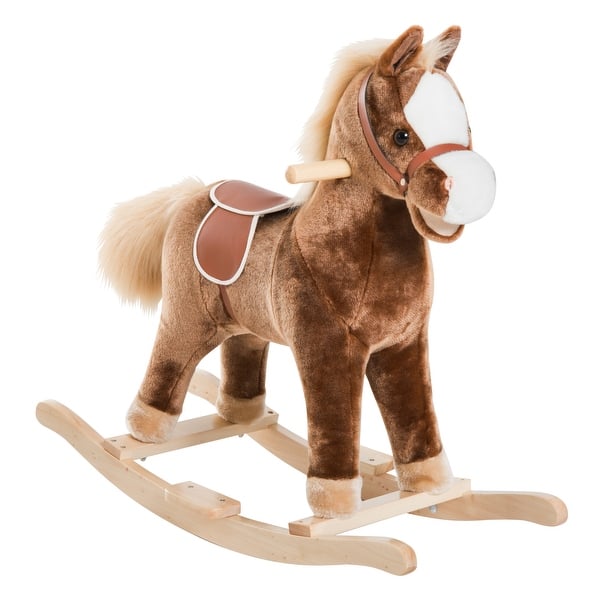 slide 2 of 10, Kids Rocking Horse, Plush Toddler Rocker, Wooden Base Ride-On Toy with Handle Grip, Traditional Toy for Kids 36M+, Brown Brown