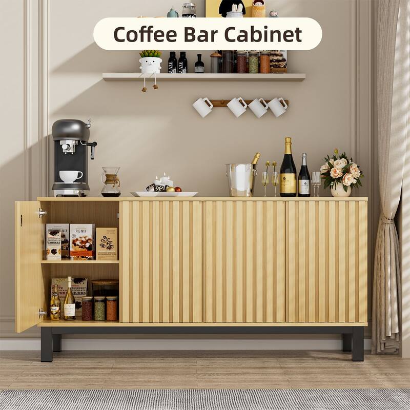 Fluted Sideboard Buffet Cabinet with 4 Doors, Modern Storage Credenza with Adjustable Shelves for Dining Room & Entryway