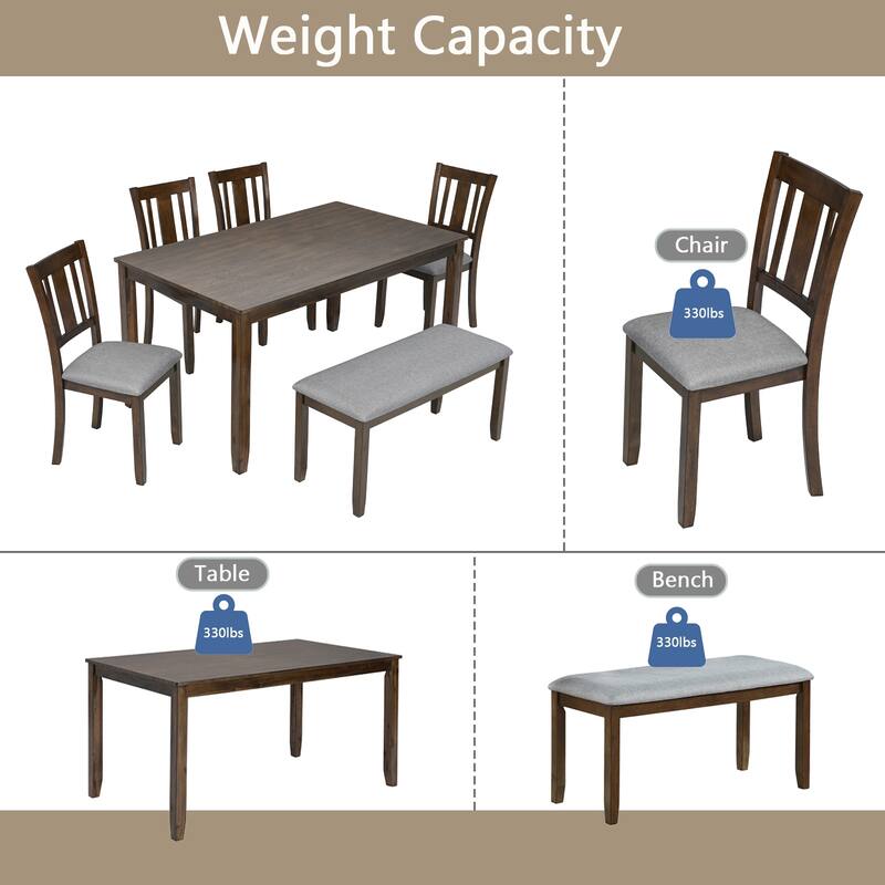 6 Piece Kitchen Dining Table Chairs Set Wooden Rectangular Casual Dining Table with 4 Upholstered Dining Chairs and Bench