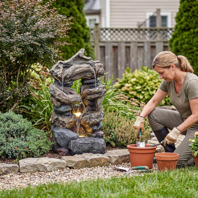 Outdoor 4-Tier Hand Crafted Polyresin Rainforest Wood Weather Resistant Fountain