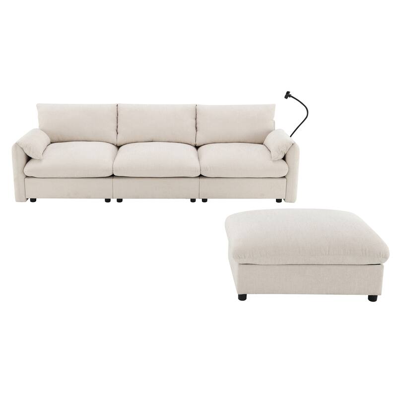 L-Shaped Sectional Chenille Sofa with Storage Ottoman, Phone Holder, USB Charger, Elephant Ear-Shaped Armrests and Pockets