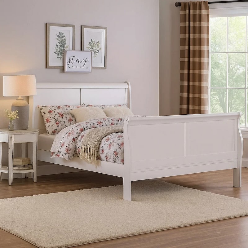 Transitional Panel Design Sleigh Eastern King Size Bed, White