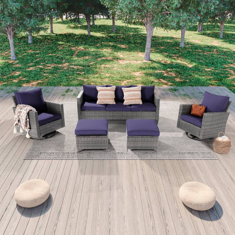 LIVOOSUN 5Pcs Patio Gray Rattan Outdoor Furniture Swivel Rocking Sofa Set - Navy Blue