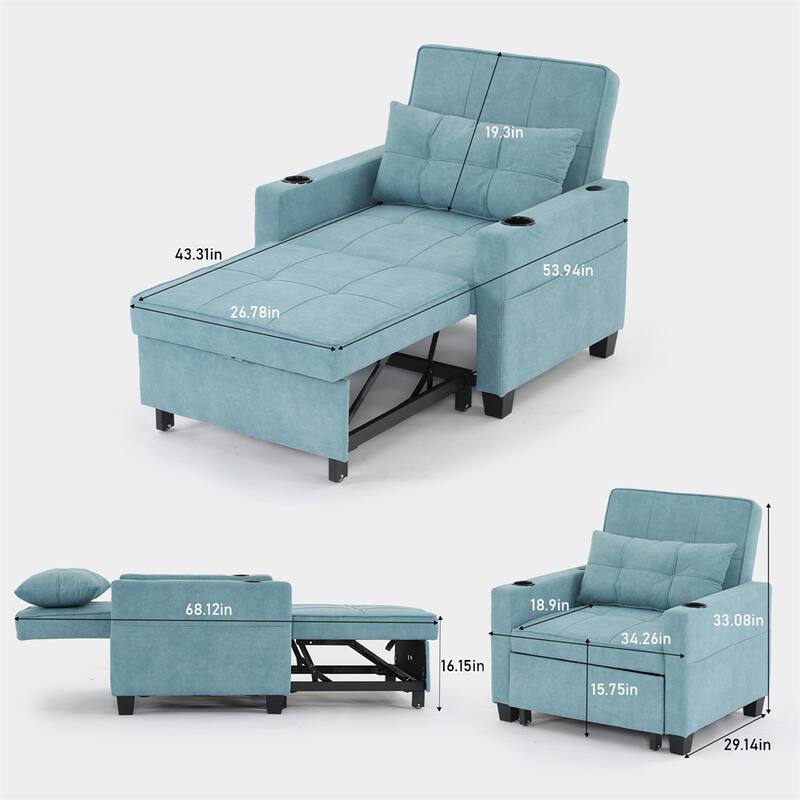 3-in-1 Pull Out Convertible Sleeper Chair w/ USB Ports,Wear Resistant