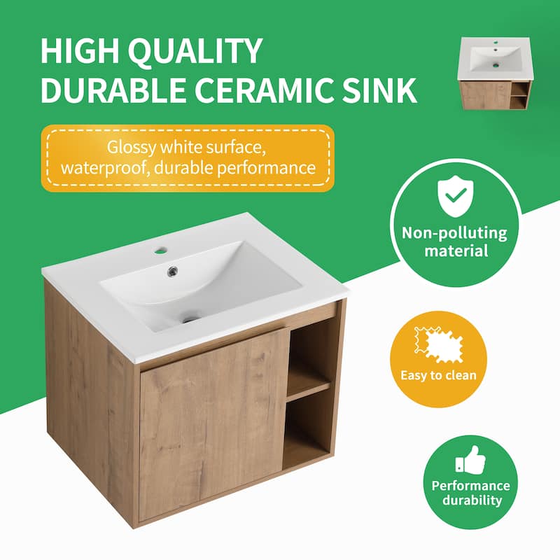 BNK 20"/24"/30" Single Sink Bathroom Vanity with Soft Close Door or Right Side Shelves, Modern Floating Vanity