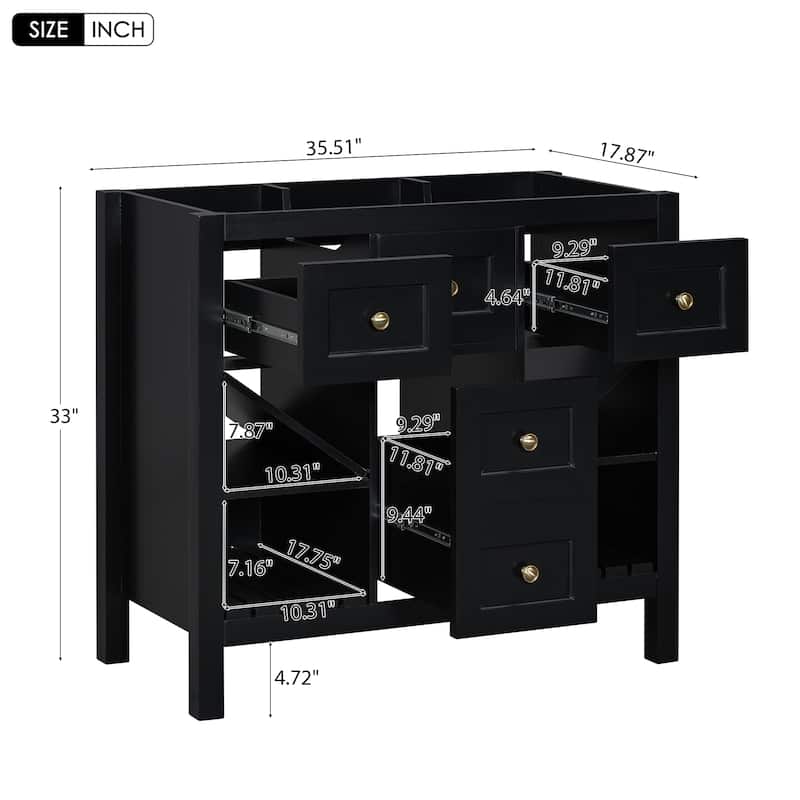 Roomfitters 36'' Bathroom Vanity, Solid Wood Frame Freestanding Storage Cabinet with 5 Drawers and Soft Closing Doors