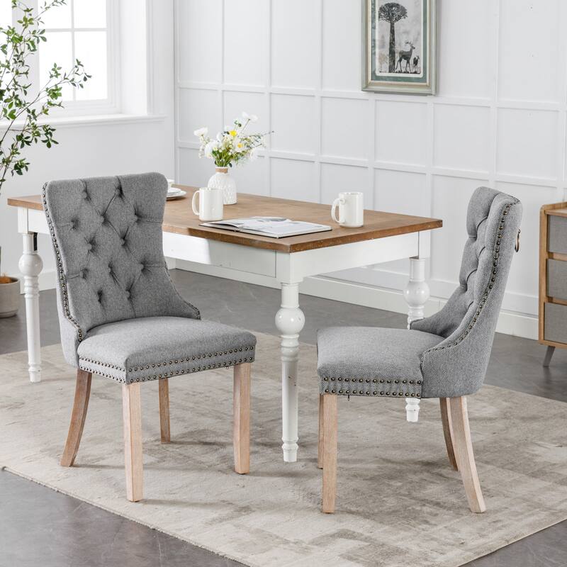 Roomfitters Modern Linen Dining Chairs Set of 2, Upholstered Tufted High Back Side Chairs and Solid Wood Legs - Grey