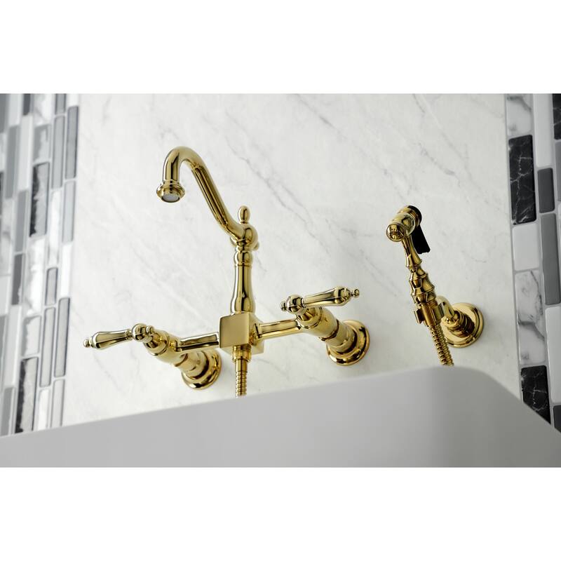Kingston Brass Heritage Wall Mount Bridge Kitchen Faucet with Brass Sprayer