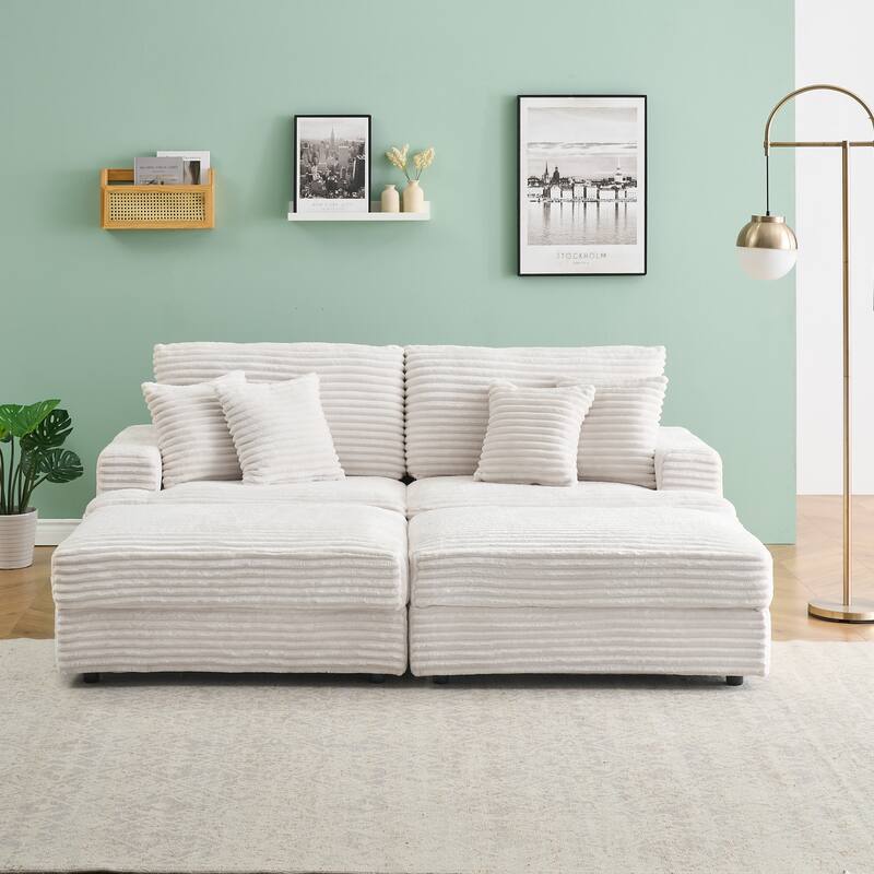 Corduroy Sleeper Sectional Sofa Loveseat Couch with 2 Storage Ottomans