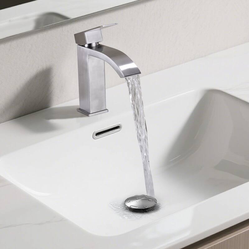 Waterfall Spout Bathroom Sink Single Handle Faucet with Pop-Up Drain (with Overflow)
