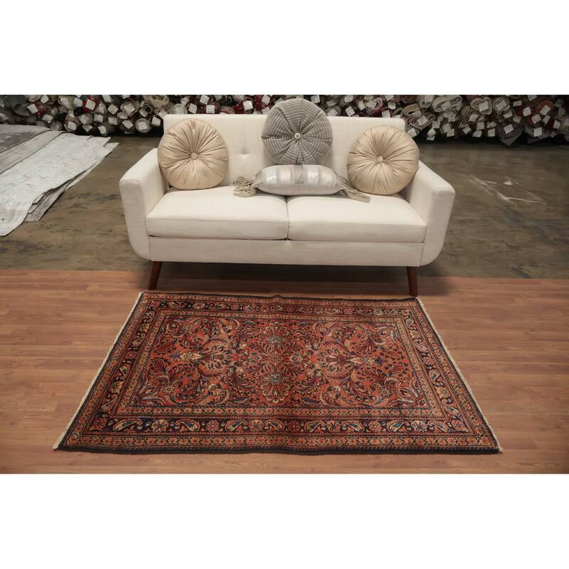 Hand Knotted Oriental 100% Wool Carpet Traditional Floral Oranges & Rust Lilian Area Rug - 4' 11'' X 3' 6''