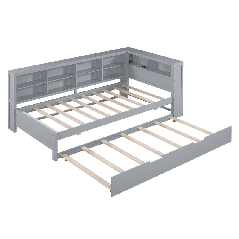 Wooden Daybed Frame with Trundle, Storage Shelf & USB Ports