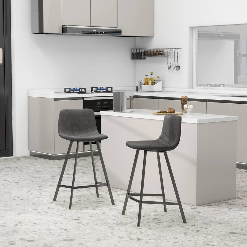 Elland Leather Bar Stool - Modern Counter Height Stool with Black Stainless Steel Legs for Kitchen Island or Home Bar Set of 2