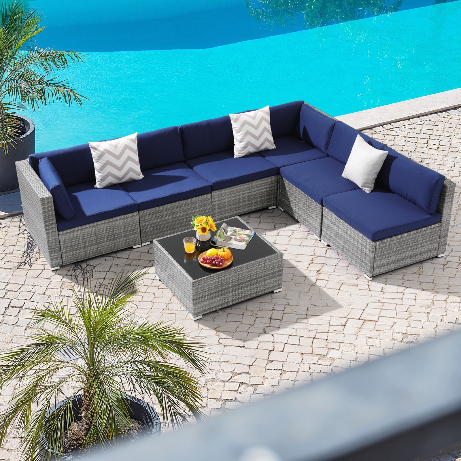 7 Pieces Outdoor Patio Furniture Set Grey PE Wicker Rattan w Built In Glass Table Seat Clips Navy Blue Cushions 110.2 x 55.1 x 24.8 Inches
