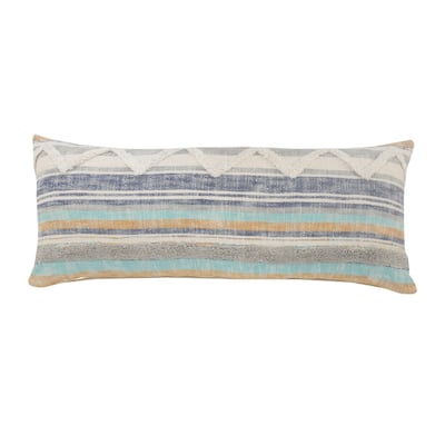 HomeRoots 14" X 36" Orange Turquoise Gray Blue And White 100% Cotton Striped Zippered Pillow
