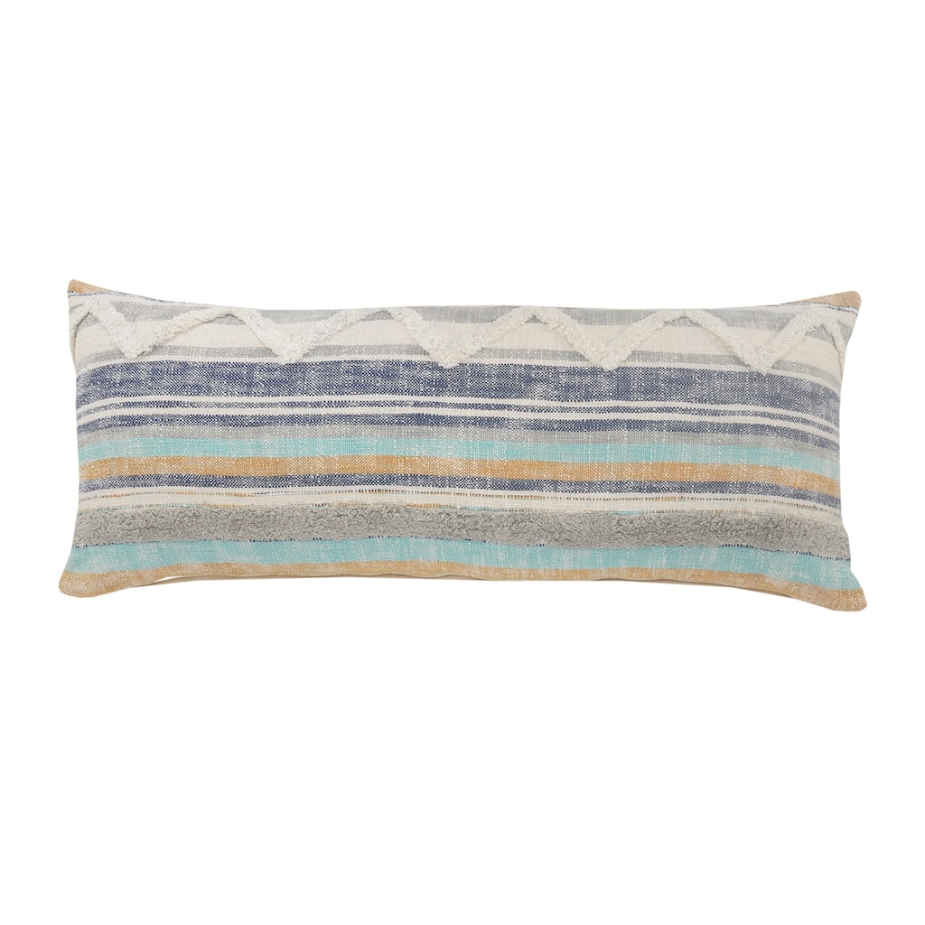 HomeRoots 14" X 36" Orange Turquoise Gray Blue And White 100% Cotton Striped Zippered Pillow
